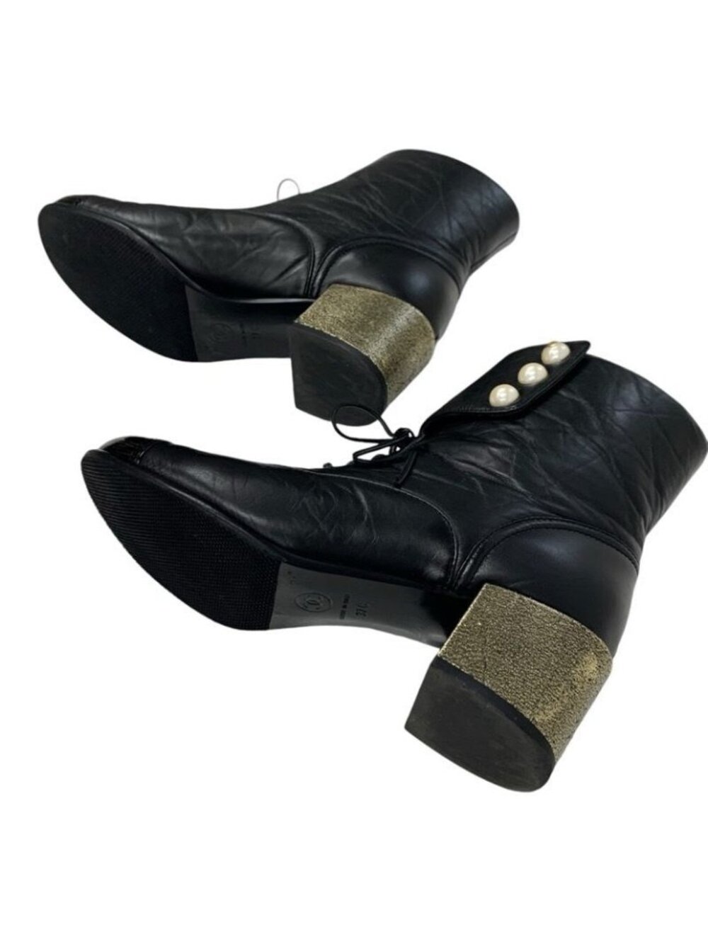 Chanel Boots Short Shoes Leather Black Coco Mark Pearl Lace Up Wrinkle - Picture 6 of 10